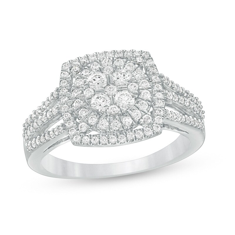 Main Image 1 of Previously Owned - 3/4 CT. T.W. Composite Diamond Cushion Frame Split Shank Ring in 10K White Gold