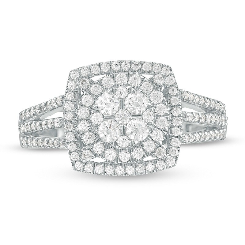 Main Image 4 of Previously Owned - 3/4 CT. T.W. Composite Diamond Cushion Frame Split Shank Ring in 10K White Gold