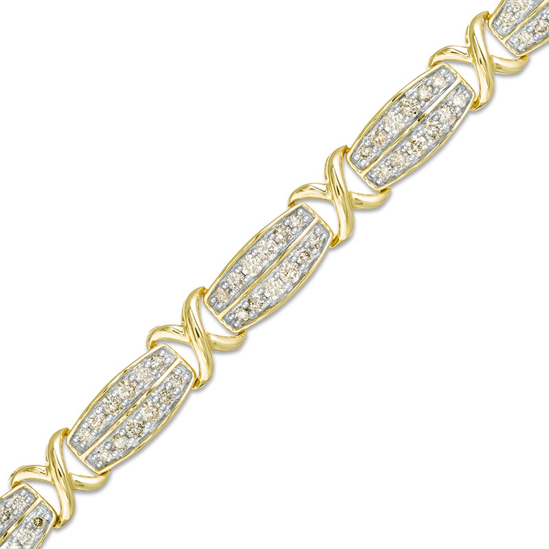 Main Image 1 of Previously Owned - 2 CT. T.W. Diamond Double Row and "X" Link Bracelet in 10K Gold - 7.5"