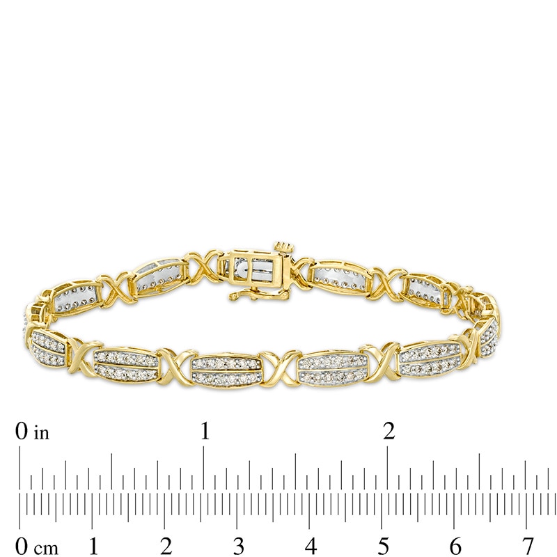 Main Image 3 of Previously Owned - 2 CT. T.W. Diamond Double Row and "X" Link Bracelet in 10K Gold - 7.5"