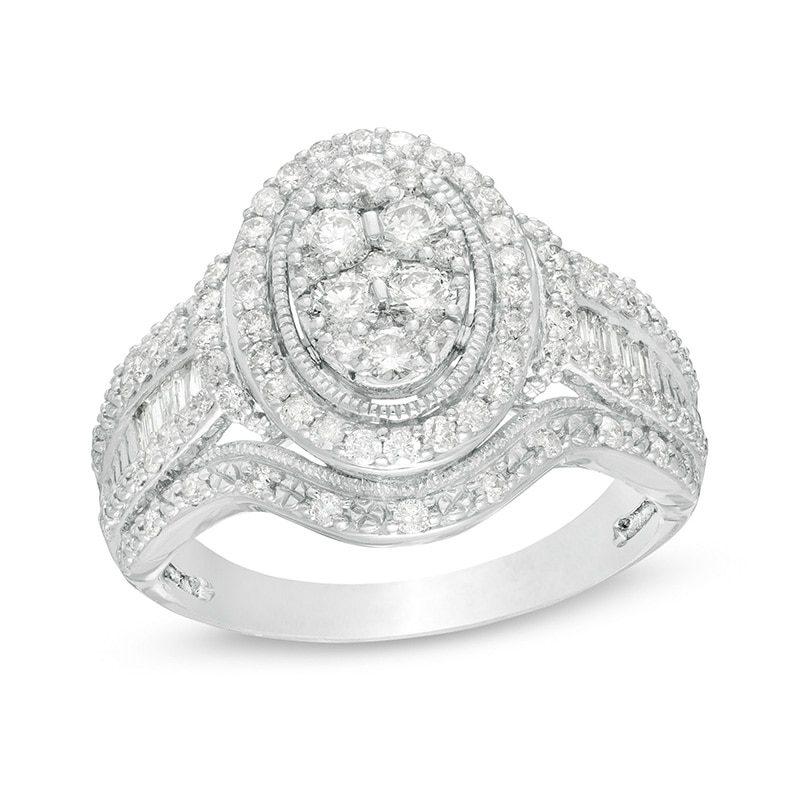 Main Image 1 of Previously Owned - 1 CT. T.W. Composite Diamond Oval Frame Vintage-Style Engagement Ring in 10K White Gold