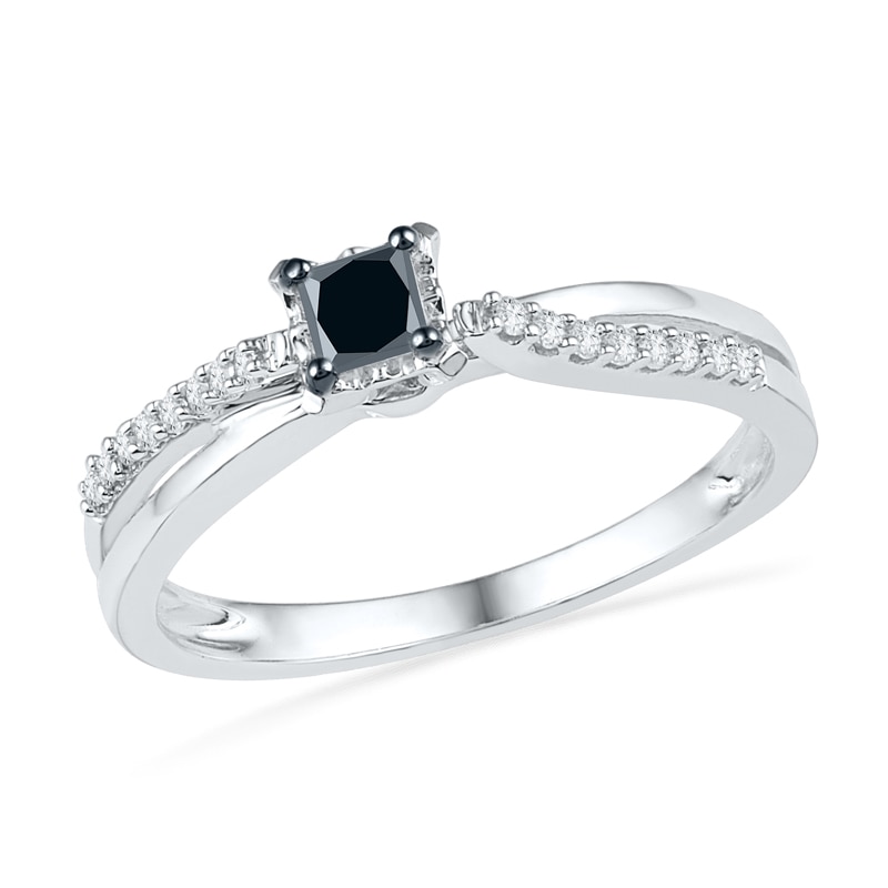 Main Image 1 of Previously Owned - 1/4 CT. T.W. Enhanced Black and White Diamond Split Shank Promise Ring in 10K White Gold