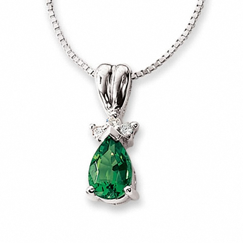 Previously Owned - Lab-Created Emerald Pendant in 14K White Gold with Diamond Accents