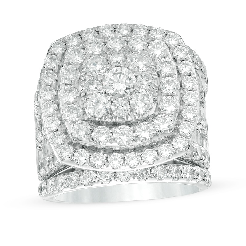 Previously Owned - 6 CT. T.W. Diamond Double Cushion Frame Multi-Row Three Piece Bridal Set in 14K White Gold
