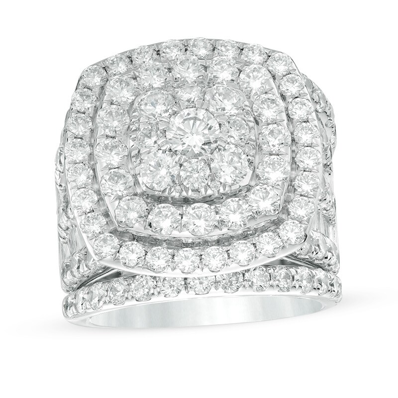 Previously Owned - 6 CT. T.W. Diamond Double Cushion Frame Multi-Row Three Piece Bridal Set in 14K White Gold