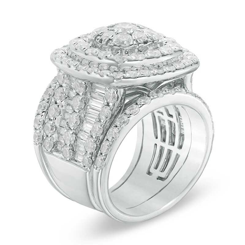 Previously Owned - 6 CT. T.W. Diamond Double Cushion Frame Multi-Row Three Piece Bridal Set in 14K White Gold