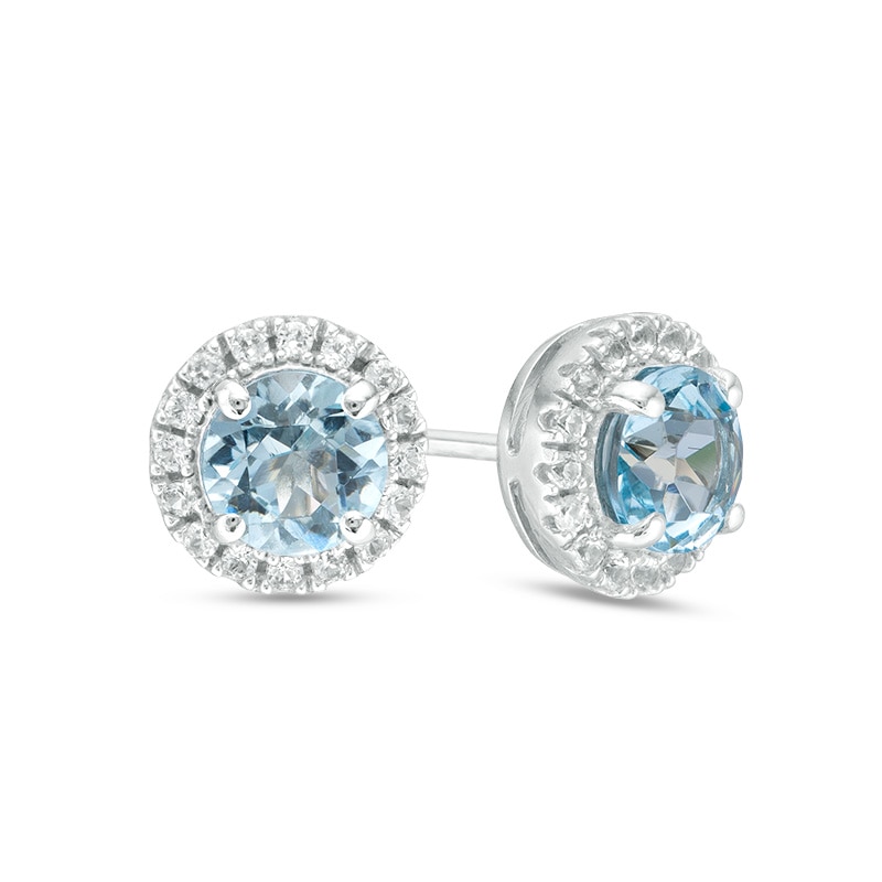 Previously Owned - 5.0mm Aquamarine and Lab-Created White Sapphire Frame Stud Earrings in 10K White Gold