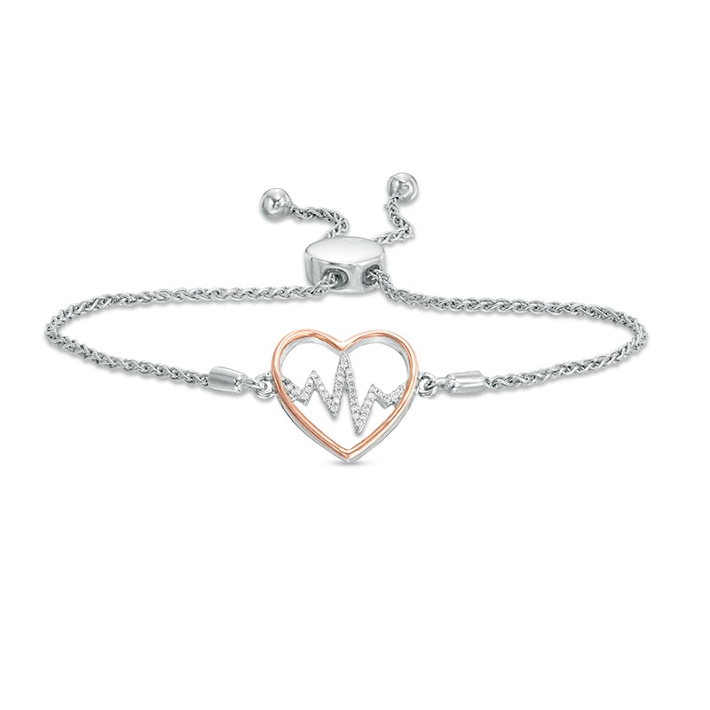 Main Image 1 of Previously Owned - 1/10 CT. T.W. Diamond Heartbeat Bolo Bracelet in Sterling Silver and 10K Rose Gold - 9.5"