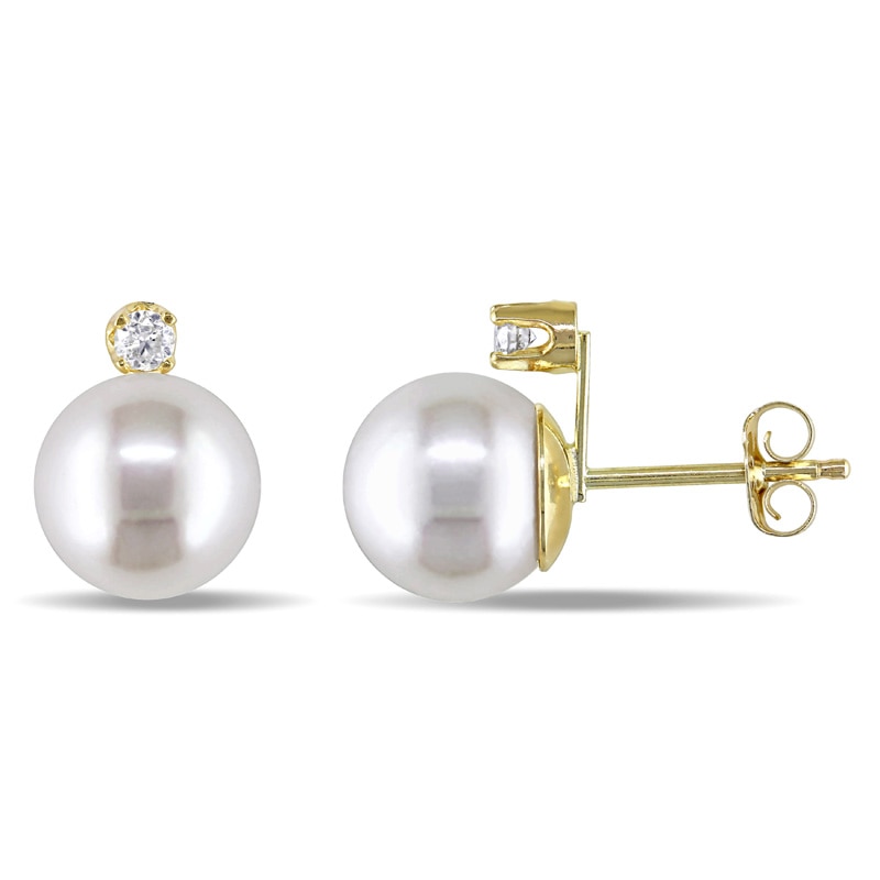 Main Image 1 of Previously Owned-8.5-9.0mm Freshwater Cultured Pearl and 1/10 CT. T.W. Diamond Stud Earrings in 14K Gold