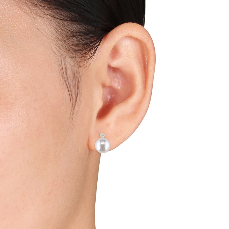 Main Image 3 of Previously Owned-8.5-9.0mm Freshwater Cultured Pearl and 1/10 CT. T.W. Diamond Stud Earrings in 14K Gold