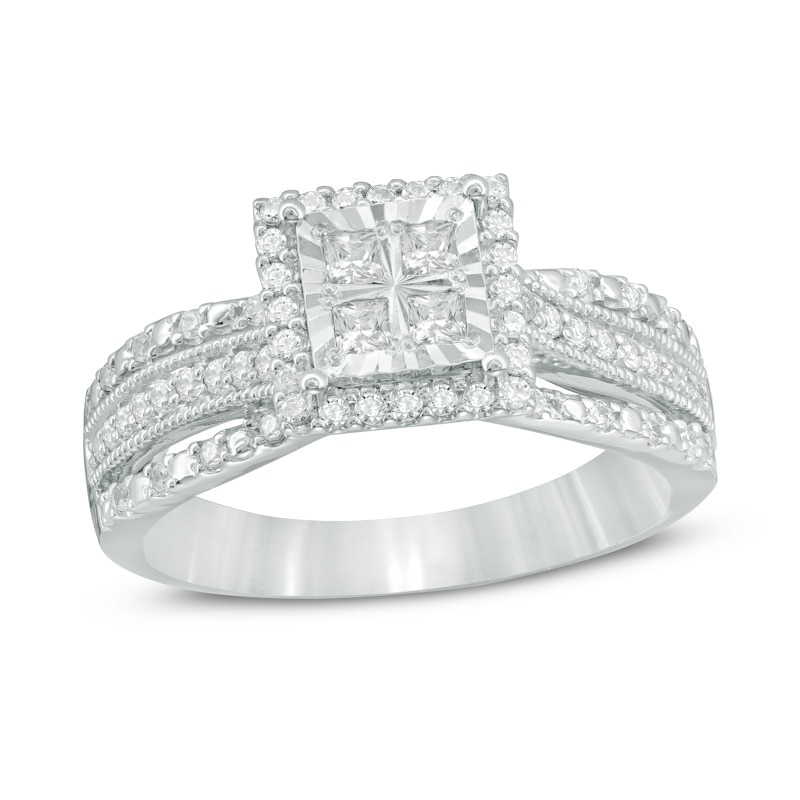 Previously Owned - 1/2 CT. T.W. Quad Princess-Cut Diamond Frame Vintage-Style Engagement Ring in 10K White Gold