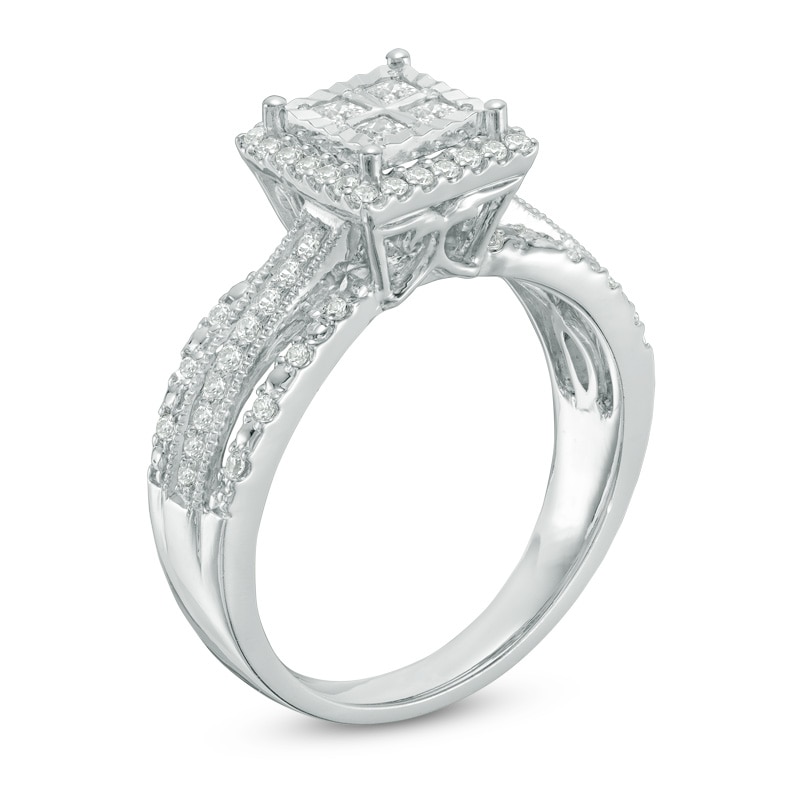 Previously Owned - 1/2 CT. T.W. Quad Princess-Cut Diamond Frame Vintage-Style Engagement Ring in 10K White Gold