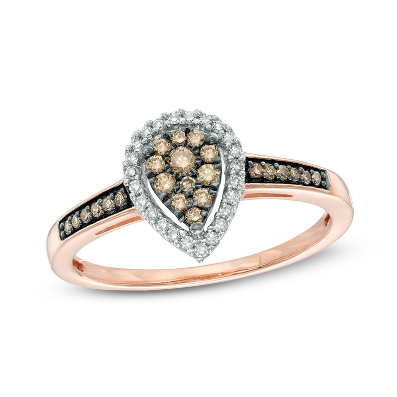 Main Image 1 of Previously Owned - 1/4 CT. T.W. Champagne and White Diamond Cluster Pear-Shaped Frame Ring in 10K Rose Gold