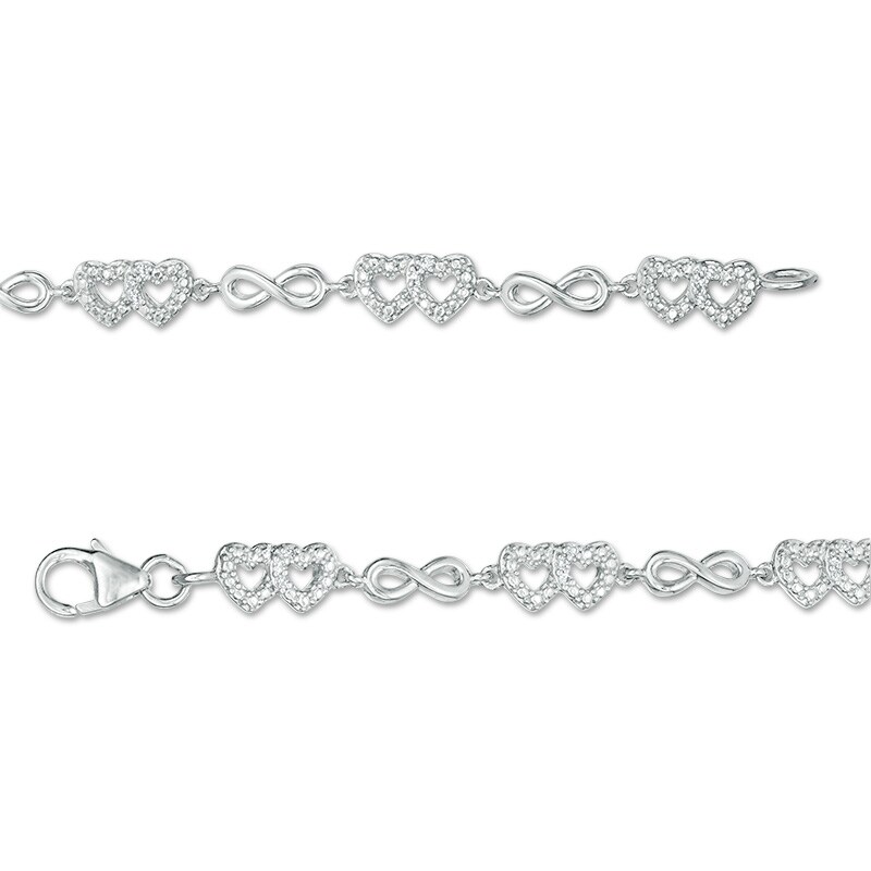 Main Image 3 of Previously Owned - 1/10 CT. T.W. Diamond Alternating Double Heart and Infinity Bracelet in Sterling Silver - 7.25"