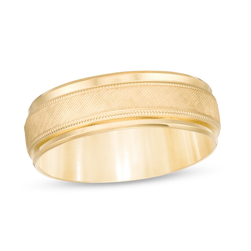 Previously Owned - Men's 7.0mm Multi-Finish center Stripe Beveled Edge Comfort-Fit Wedding Band in 10K Gold