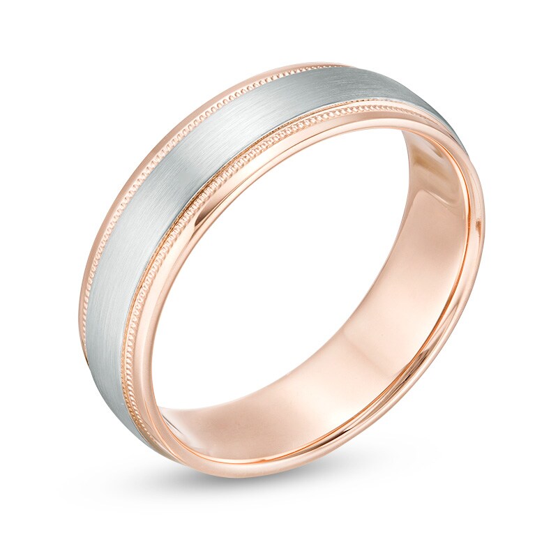 Previously Owned - Men's 6.0mm Multi-Finish center Stripe Milgrain Comfort-Fit Wedding Band in 10K Two-Tone Gold