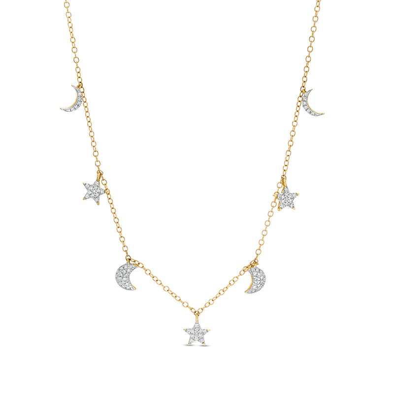 Main Image 1 of Previously Owned - 1/6 CT. T.W. Diamond Crescent Moon and Star Station Necklace in 10K Gold - 19"