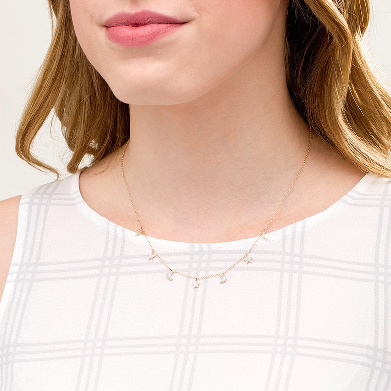 Main Image 2 of Previously Owned - 1/6 CT. T.W. Diamond Crescent Moon and Star Station Necklace in 10K Gold - 19"