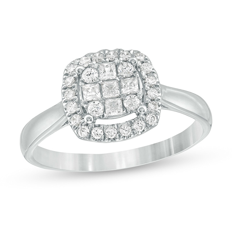 Previously Owned - 1/2 CT. T.W. Princess-Cut Diamond Cushion Frame Ring in 10K White Gold