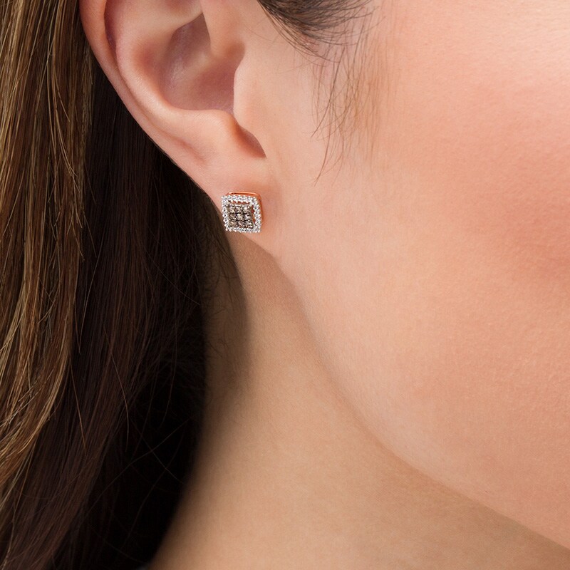 Main Image 2 of Previously Owned - 1/3 CT. T.W. Champagne and White Composite Diamond Square Frame Stud Earrings in 10K Rose Gold
