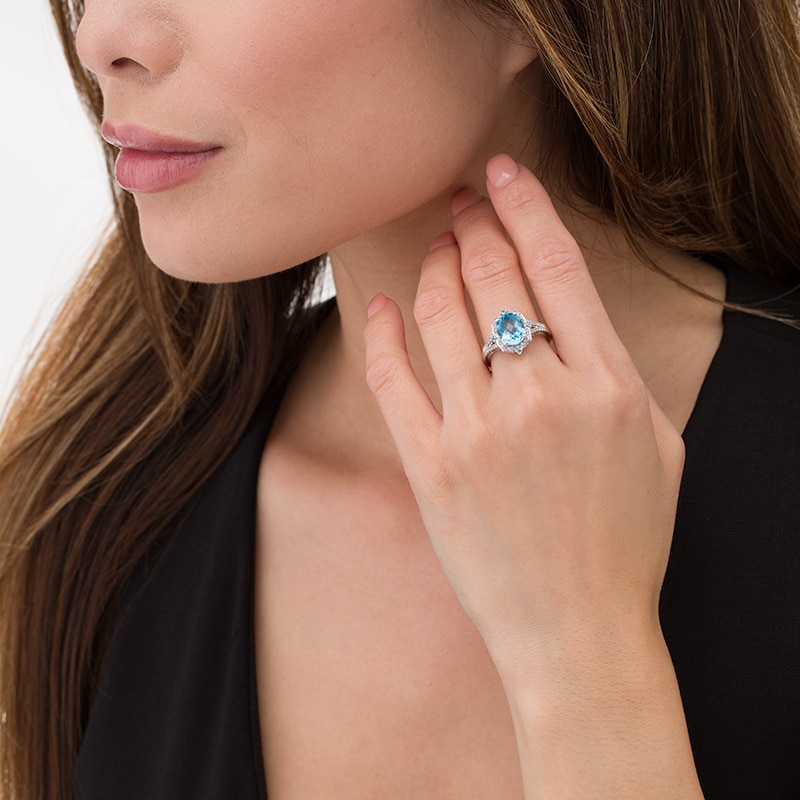 Main Image 2 of Previously Owned - Oval Swiss Blue Topaz and Lab-Created White Sapphire Flower Petal Frame Ring in Sterling Silver