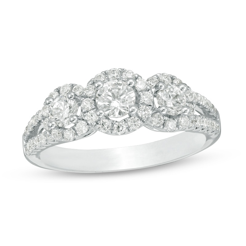 Main Image 1 of Previously Owned - 1 CT. T.W. Diamond Past Present Future® Open Frame Engagement Ring in 14K White Gold