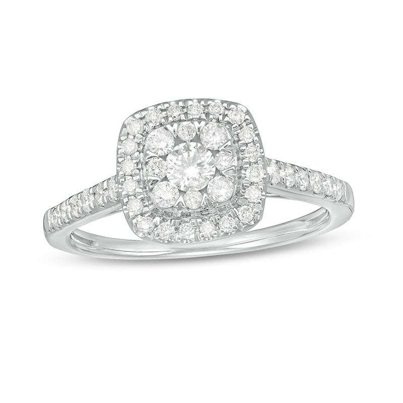 Main Image 1 of Previously Owned - 1/2 CT. T.W. Composite Cushion Diamond Frame Engagement Ring in 10K White Gold