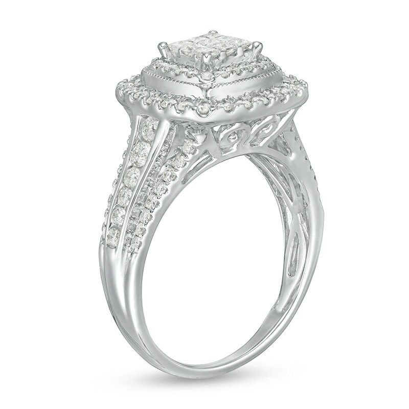 Main Image 3 of Previously Owned - 1 CT. T.W. Princess-Cut Composite Diamond Double Cushion Frame Engagement Ring in 10K White Gold