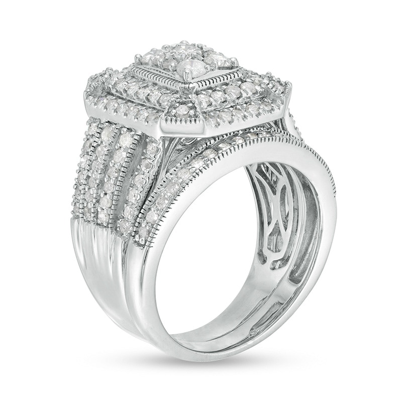 Main Image 3 of Previously Owned - 1-1/3 CT. T.W. Emerald Multi-Diamond Rectangle Frame Vintage-Style Bridal Set in 10K White Gold