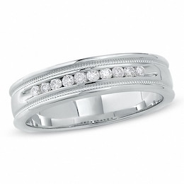 Previously Owned - Men's 1/4 CT. T.W. Diamond Channel Milgrain Band in 14K White Gold