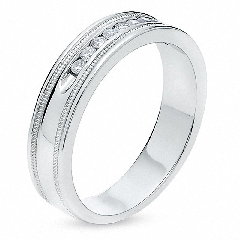 Main Image 2 of Previously Owned - 1/4 CT. T.W. Diamond Channel Milgrain Band in 14K White Gold