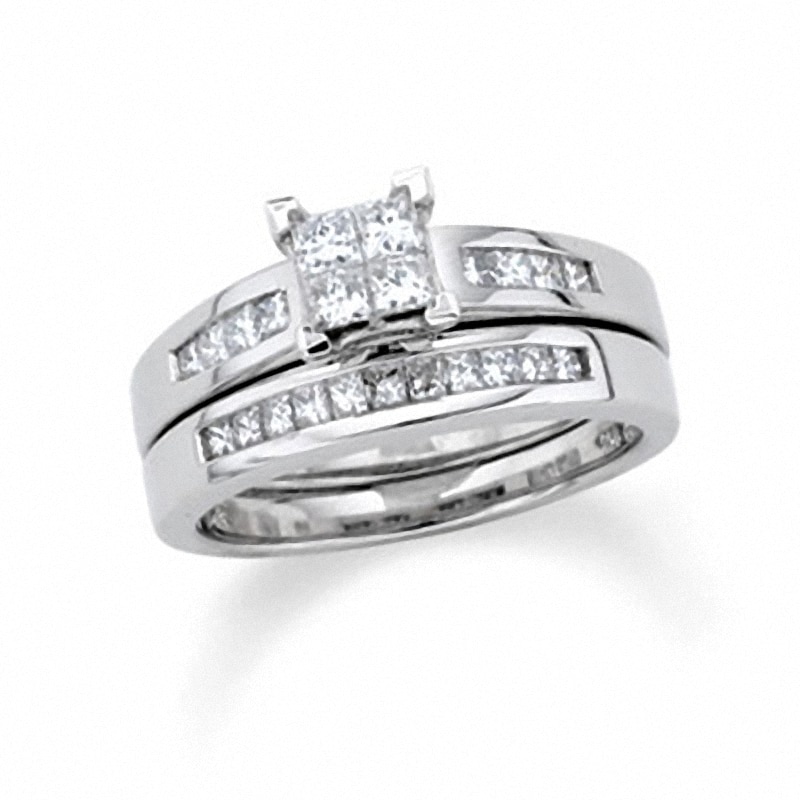 Previously Owned - 1-1/2 CT. T.W. Quad Princess-Cut Diamond Bridal Set in 14K White Gold