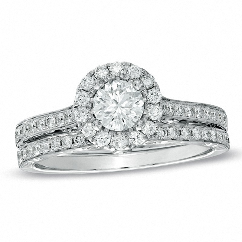 Main Image 1 of Previously Owned - Celebration Lux® 1 CT. T.W. Diamond Framed Bridal Set in 18K White Gold (I/SI2)