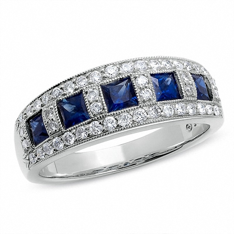 Previously Owned - 1/3 CT. T.W. Diamond and Princess-Cut Blue Sapphire Anniversary Band in 14K White Gold