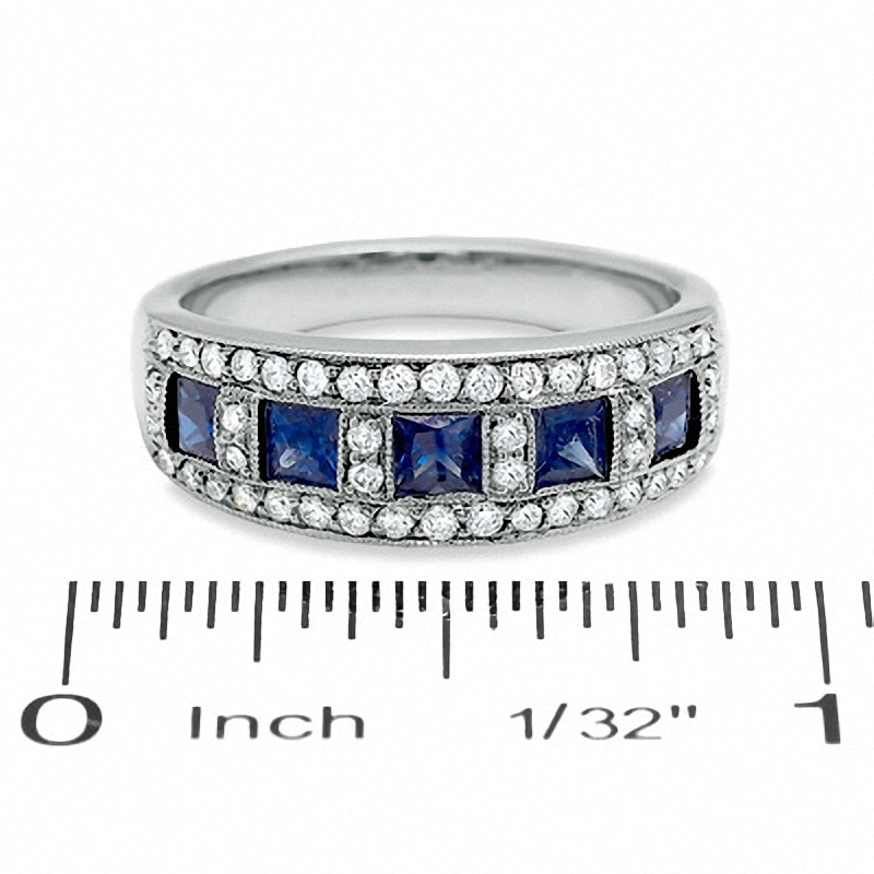 Previously Owned - 1/3 CT. T.W. Diamond and Princess-Cut Blue Sapphire Anniversary Band in 14K White Gold
