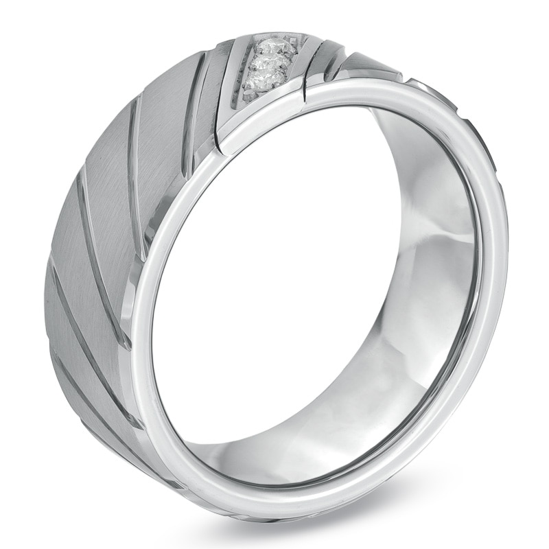 Main Image 2 of Previously Owned - 8.0mm 1/10 CT. T.W. Diamond Three Stone Slant Tungsten Wedding Band
