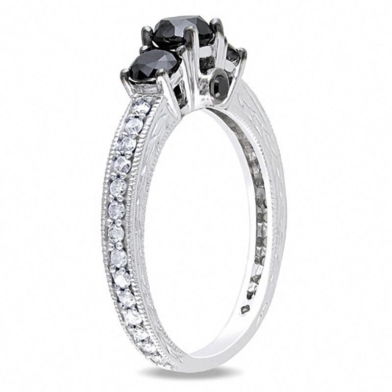 Main Image 2 of Previously Owned - 1-1/4 CT. T.W. Enhanced Black and White Diamond Three Stone Engagement Ring in 10K White Gold