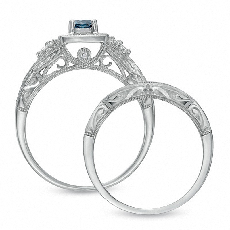 Main Image 3 of Previously Owned - 1/2 CT. T.W. Enhanced Blue and White Diamond Vintage-Style Bridal Set in 14K White Gold