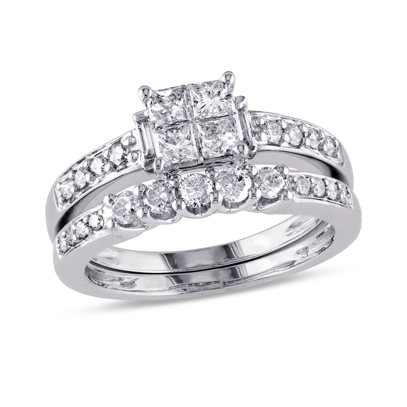 Previously Owned - 1 CT. T.W. Quad Princess-Cut Diamond Bridal Set in 14K White Gold