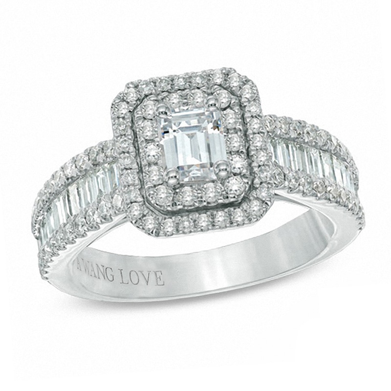 Main Image 1 of Previously Owned - Vera Wang Love Collection 1-1/2 CT. T.W. Emerald-Cut Diamond Double Frame Ring in 14K White Gold