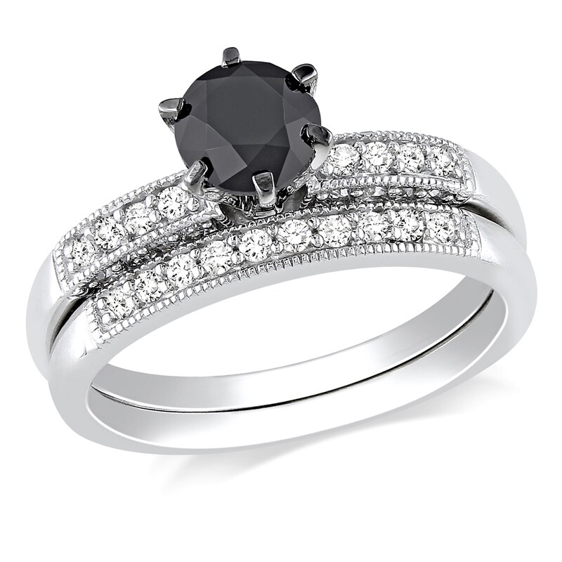 Previously Owned - 1-1/4 CT. T.W. Enhanced Black and White Diamond Bridal Set in 10K White Gold
