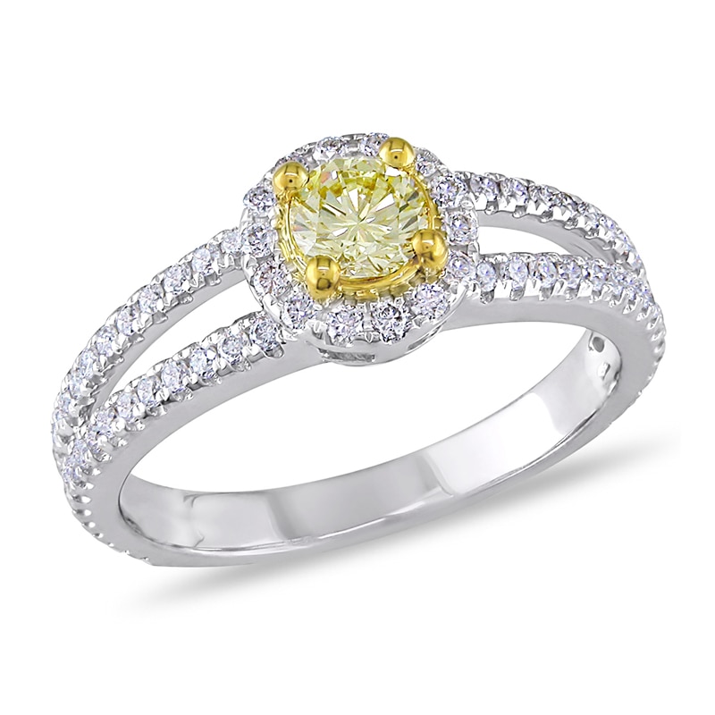 Main Image 1 of Previously Owned - 1 CT. T.W. Enhanced Yellow and White Diamond Split Shank Engagement Ring in 14K White Gold