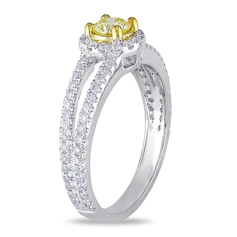 Main Image 2 of Previously Owned - 1 CT. T.W. Enhanced Yellow and White Diamond Split Shank Engagement Ring in 14K White Gold