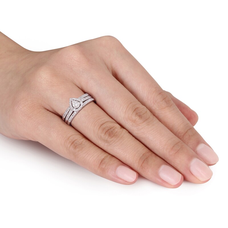 Main Image 3 of Previously Owned - 1/4 CT. T.W. Diamond Teardrop Cluster Three Piece Bridal Set in Sterling Silver