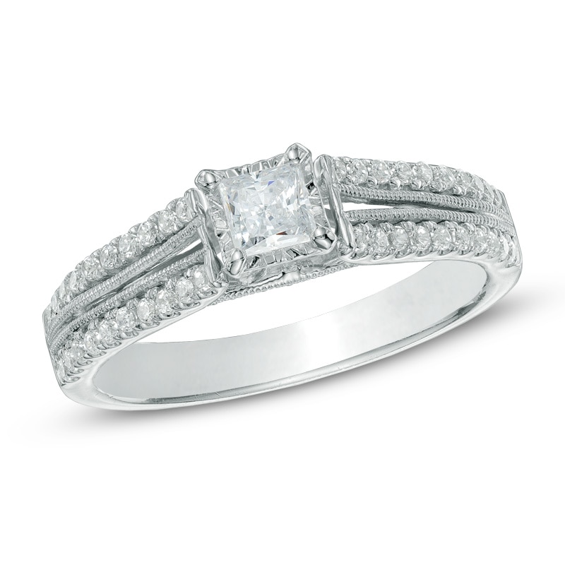 Main Image 1 of Previously Owned - 1/2 CT. T.W. Princess-Cut Diamond Split Shank Engagement Ring in 10K White Gold