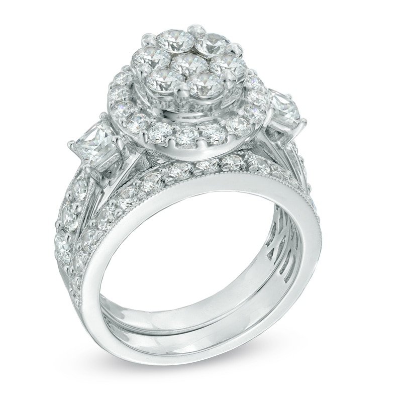 Main Image 2 of Previously Owned - 3 CT. T.W. Diamond Cluster Frame Bridal Set in 14K White Gold