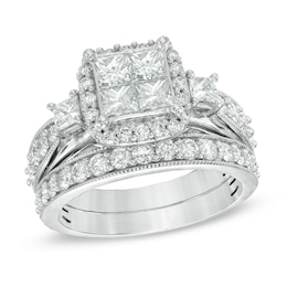 Previously Owned - 2 CT. T.W. Princess-Cut Quad Diamond Frame Three Stone Bridal Set in 14K White Gold