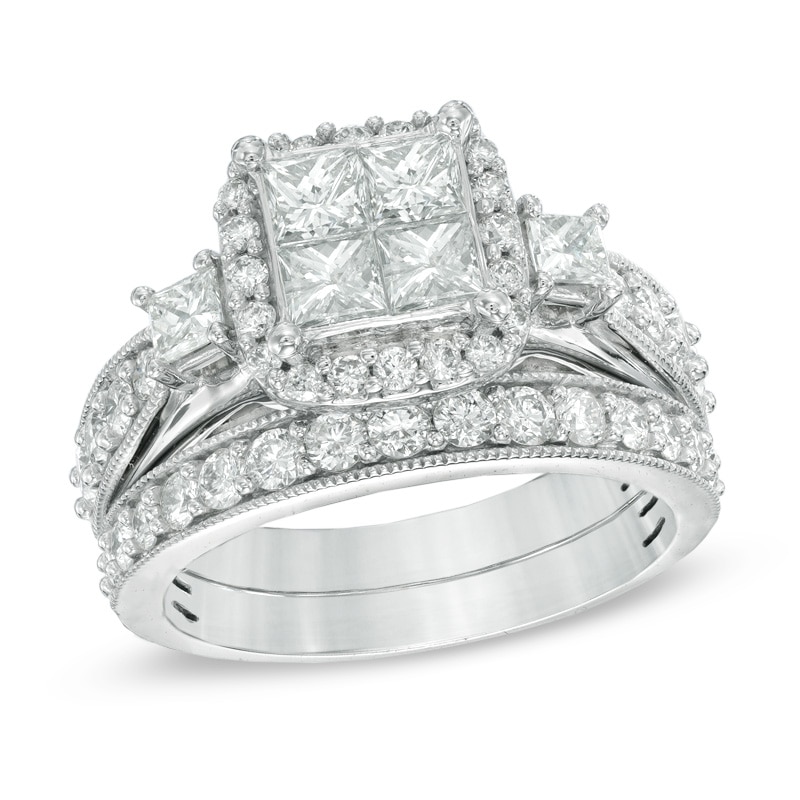 Main Image 1 of Previously Owned - 2 CT. T.W. Princess-Cut Quad Diamond Frame Three Stone Bridal Set in 14K White Gold