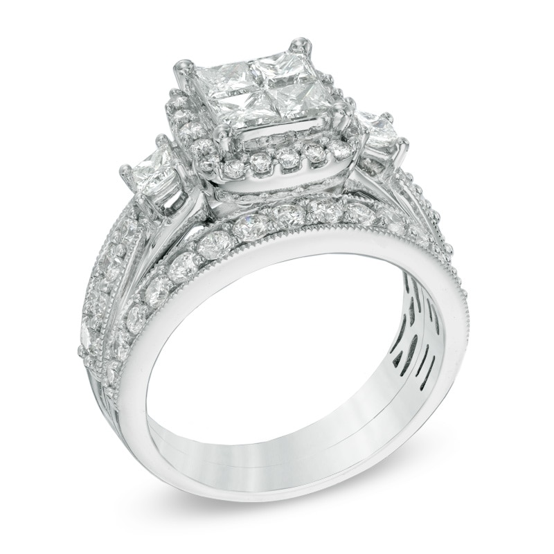 Main Image 2 of Previously Owned - 2 CT. T.W. Princess-Cut Quad Diamond Frame Three Stone Bridal Set in 14K White Gold