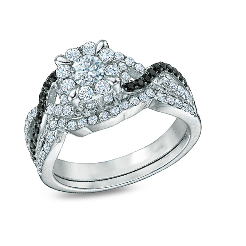 Previously Owned - 1 CT. T.W. Enhanced Black and White Diamond Twist Bridal Set in 10K White Gold